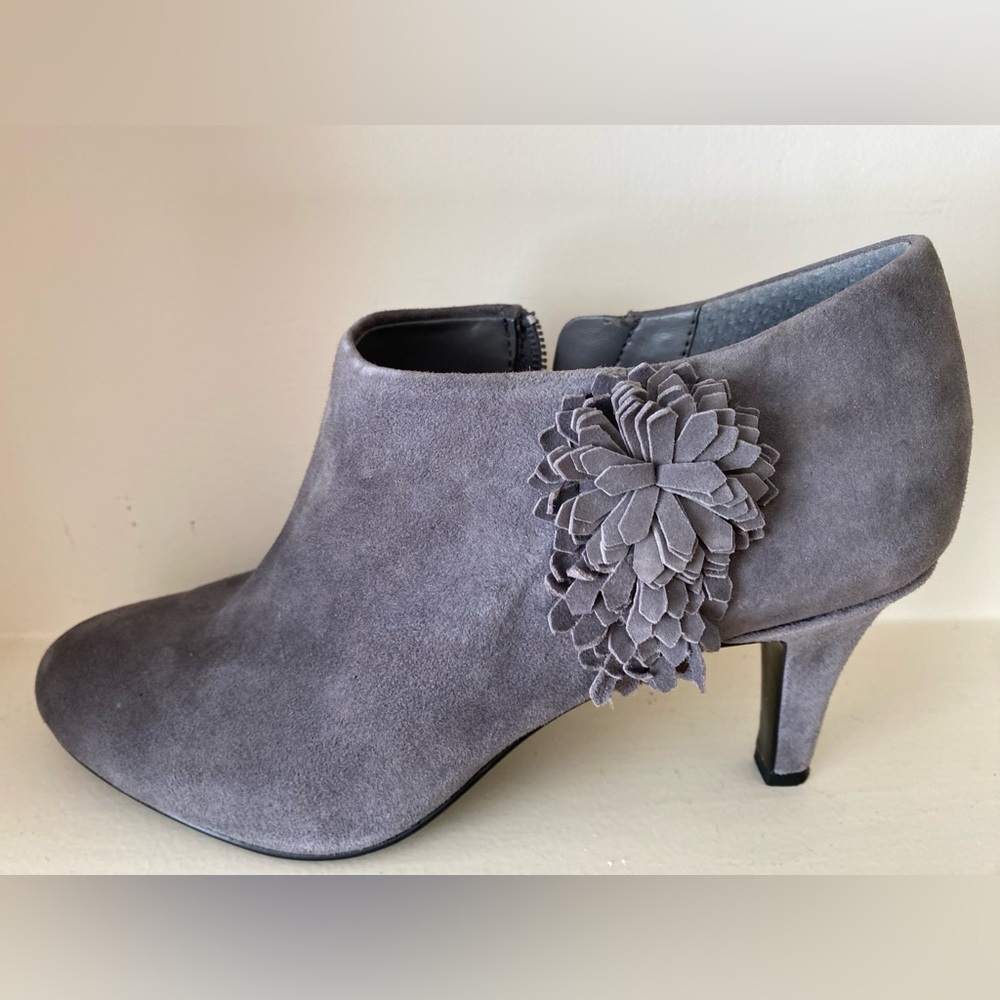 Alex Marie Gray Suede Ankle Boots with Floral Accent